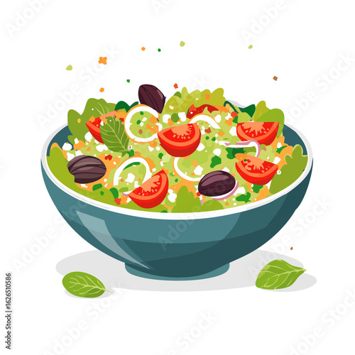 Bowl of Vegetable Salad with Lettuce, Tomatoes, Onions, Olives and Feta