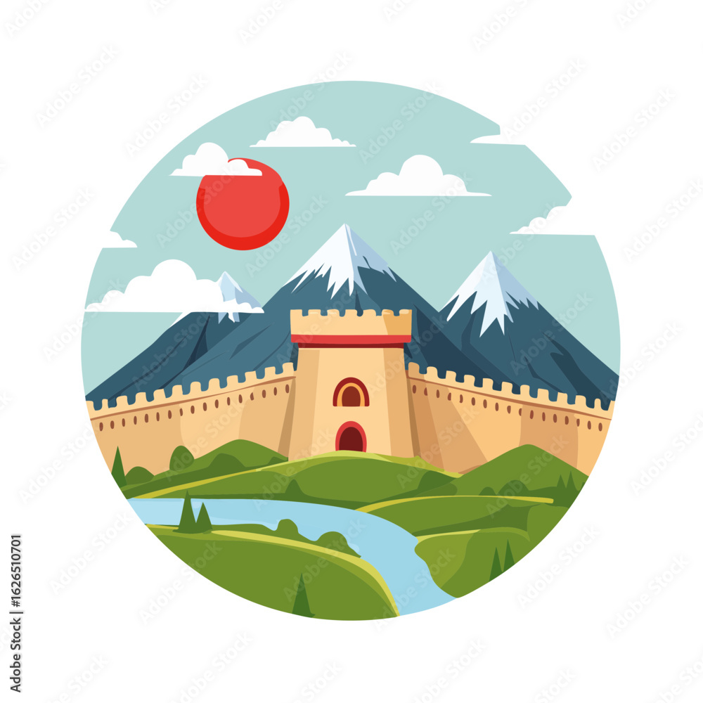 Naklejka premium Fantasy Castle Wall in Mountain Landscape with River, Cartoon Illustration