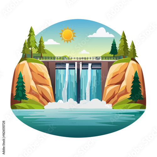 Hydroelectric dam illustration cascades of water power generation sunlight