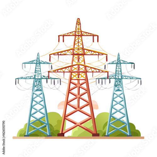Power lines against a black background.  Energy transmission towers in a green landscape symbolize electricity, industry, and technological advancement.