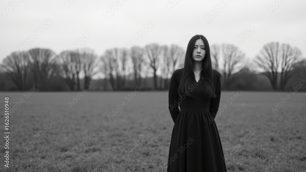 Naklejka premium Woman stands in vast, open field wearing long black dress, surrounded by bare trees under cloudy sky, evoking sense of solitude and contemplation
