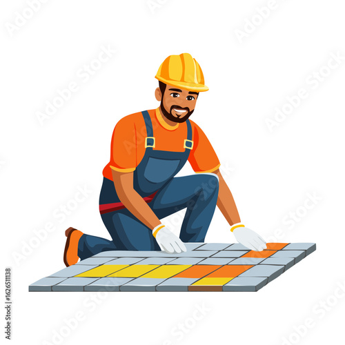 Construction worker laying colorful floor tiles hard hat and protective gloves Cartoon character tiling pattern home repair handyman