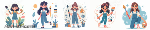 Happy Cartoon Girls Painting with Brushes and Palettes – Creative Kids Vector Illustration