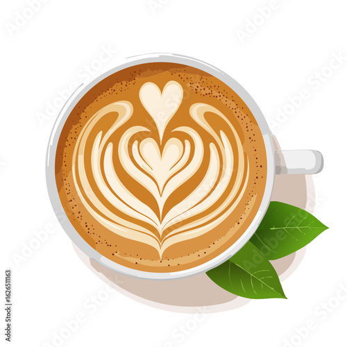 Coffee Cup Top View with Latte Art Heart Design and Green Leaves Refreshing Morning Coffee Break Illustration