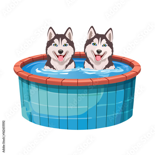 Cartoon Huskies in Hot Tub: Two Dogs Relaxing in Blue Water, Smiling