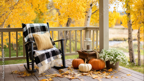 Cozy autumn porch scene with a rocking chair, pumpkins, and vibrant yellow foliage in the background