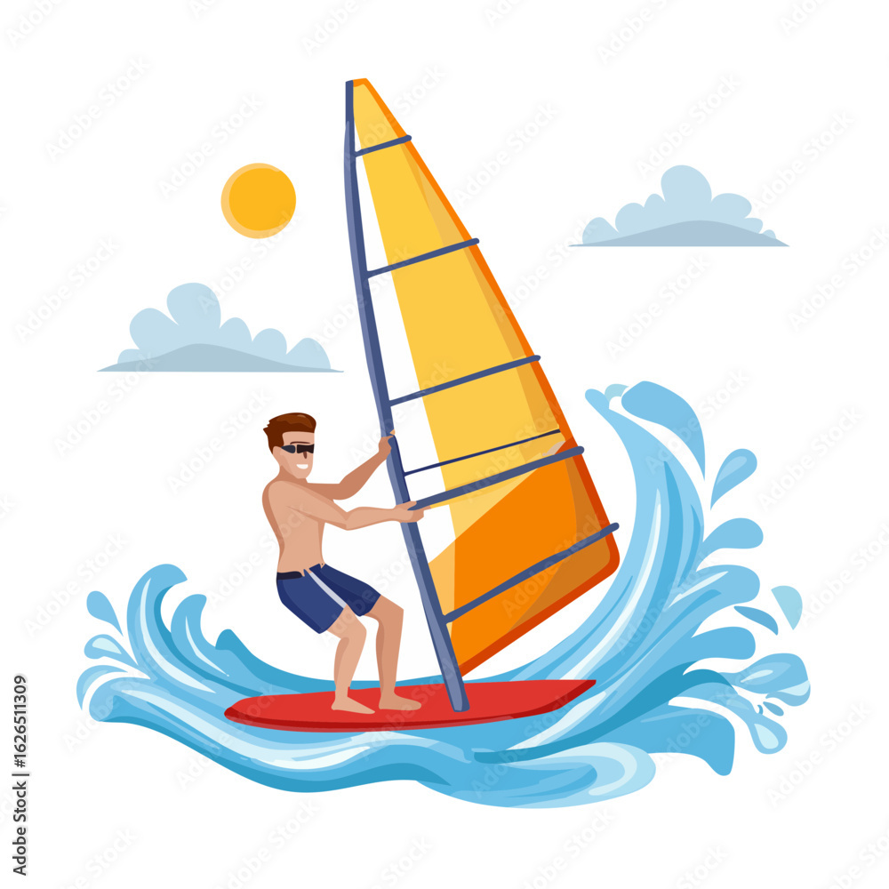 Obraz premium Man windsurfing on a sunny day with clouds and waves, watersport summer recreation