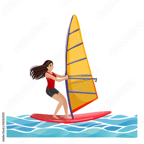 Woman windsurfing on red board with yellow sail in blue ocean waves, water sport recreation activity.