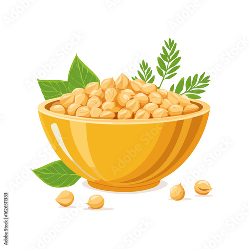 Bowl of Chickpeas with Green Leaves on Black Background - Healthy Vegetarian Vegan Food Illustration