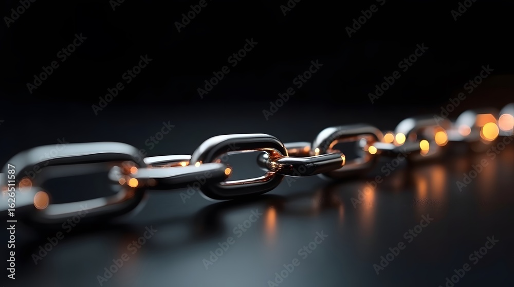 Fototapeta premium A close-up of a strong metal chain on a dark reflective surface. A powerful symbol of connection, strength, security, bondage, or industry.