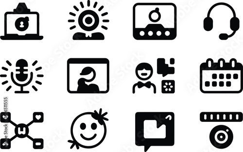 Bold Black Glyph Icons: Online Meeting, Webinar, Communication, Social Media, Calendar