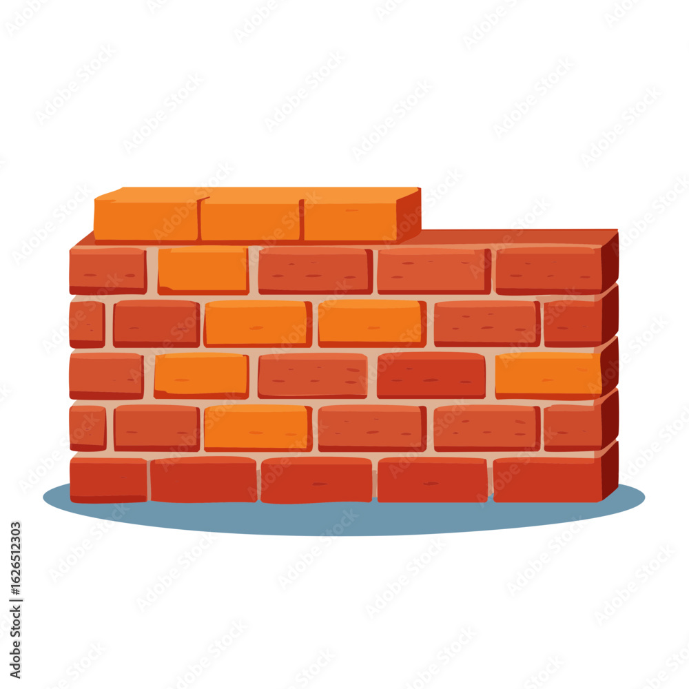 Red Brick Wall Illustration with Blue Base, Construction Concept, Building Structure, Protective Barrier, Isolated