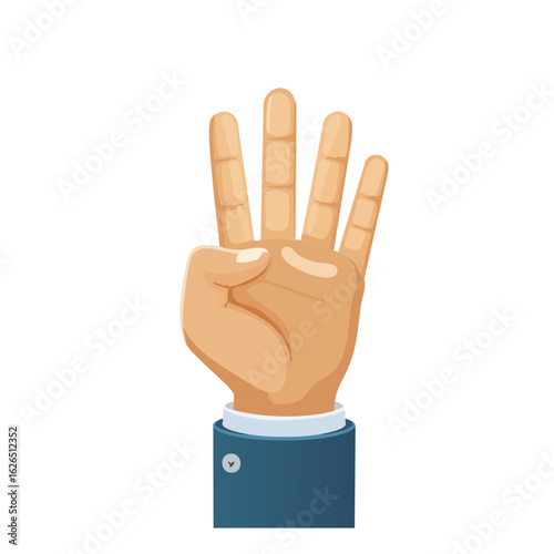 Hand Showing Four Fingers Up Wearing a Business Suit Against Black Background Counting Sign Icon Number
