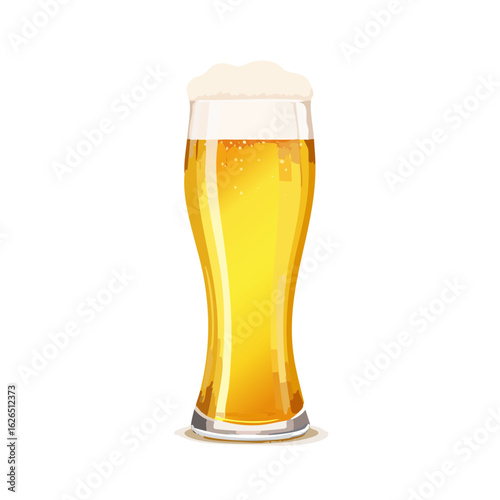 Tall glass of light beer or lager with foamy head isolated on black background, full beer mug illustration