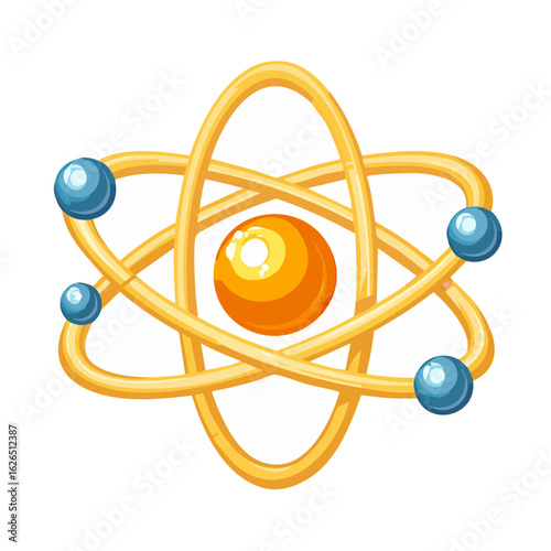 Illustration of an atom, showing orbits with electrons and a central nucleus, on a black background.