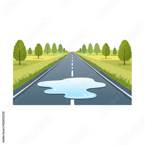 Puddle on Asphalt Road with Trees Landscape Wet Highway Surface Water Pool