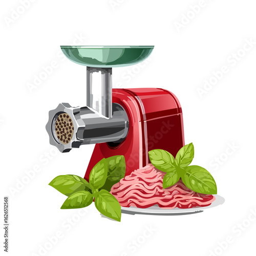 Red meat grinder with ground meat and basil leaves on a black background