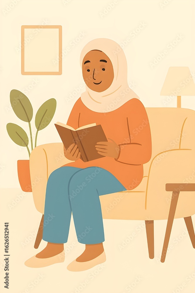 Muslim Woman Reading a Book in Armchair Muslim Woman Reading a Book in Armchair