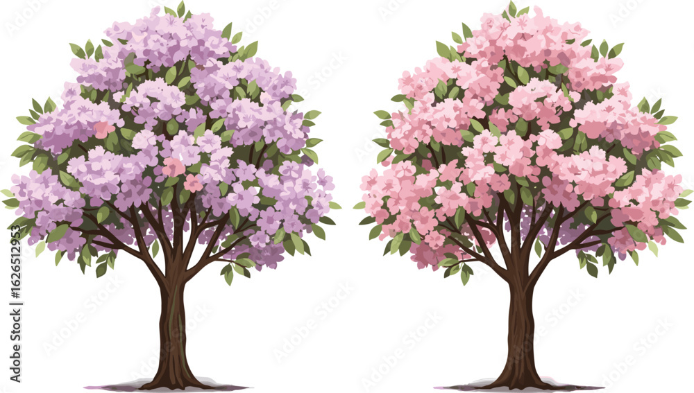 Fototapeta premium Purple and pink flower blooming trees, spring floral tree illustration, pastel trees, flowering landscape art, vibrant seasonal blossom trees