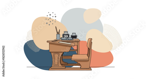 Antique desk with inkwell and quill, vintage study scene