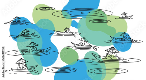 Boats with conical hats on water, outline style