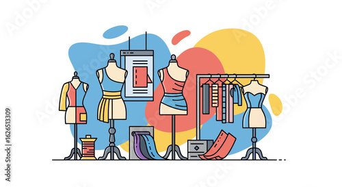 Clothing store display with mannequins and garments