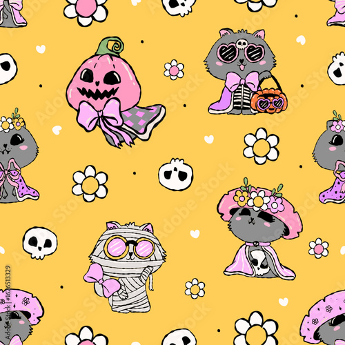 seamlesspattern of cute Halloween cats in pastel costumes the purrfect spooky sweet vibe