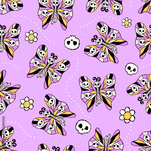 seamless pattern of cute Halloween butterfly and skull in pastel costumes the perfect spooky sweet vibe. Vector illustration.