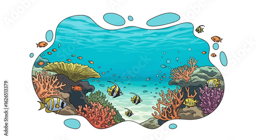 Coral reef underwater scene with fish and bubbles