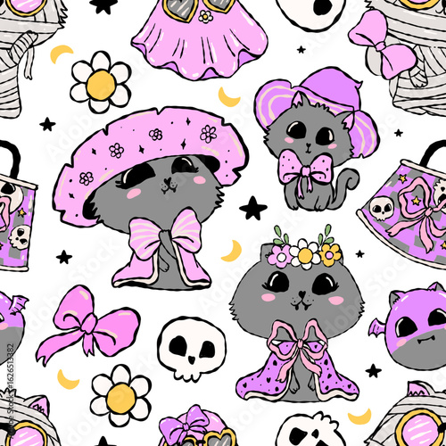 seamlesspattern of cute Halloween cats in pastel costumes the purrfect spooky sweet vibe
