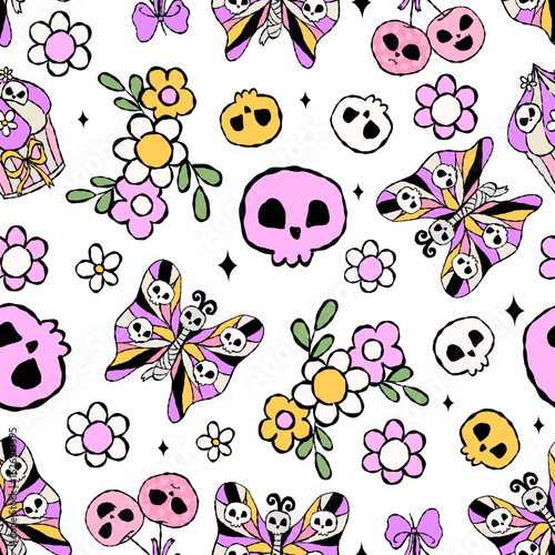 seamless pattern of cute Halloween butterfly and skull in pastel costumes the perfect spooky sweet vibe. Vector illustration.