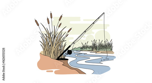 Fishing scene with reeds and river landscape