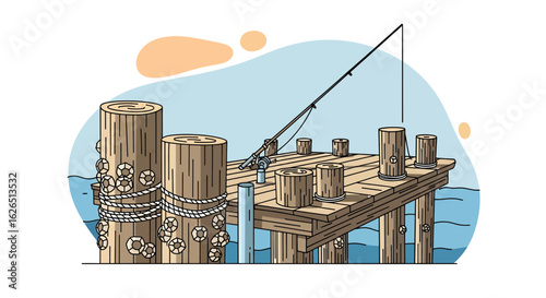 Fishing pier with rod and calm water scene