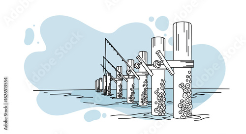 Fishing pier outline with money and bubbles
