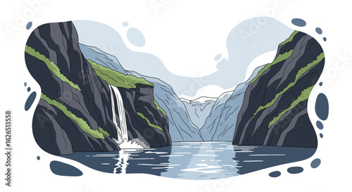Fjord landscape with waterfall and glacier view