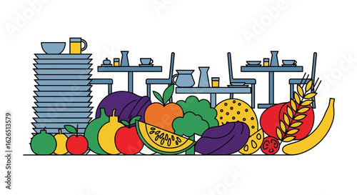 Food, tableware, and produce arrangement for healthy eating