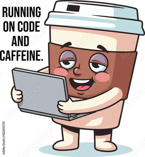 Tired Coffee Cup Character Hugging Laptop – Vector Meme for Fatigue and Caffeine Addiction