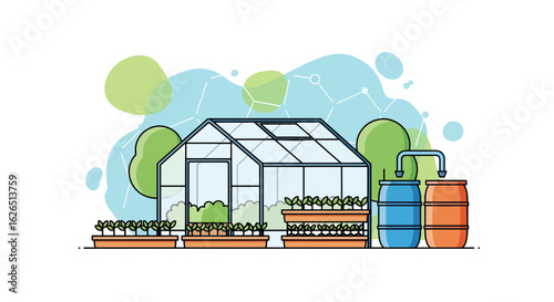 Greenhouse with seedlings and water tanks, sustainable gardening
