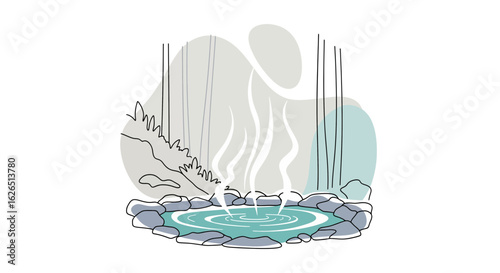 Hot spring landscape with waterfall and misty rocks