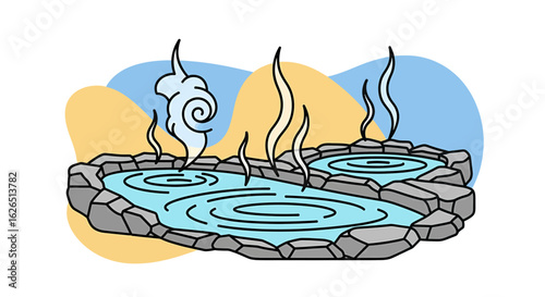Hot spring pool with steam rising, geothermal landscape