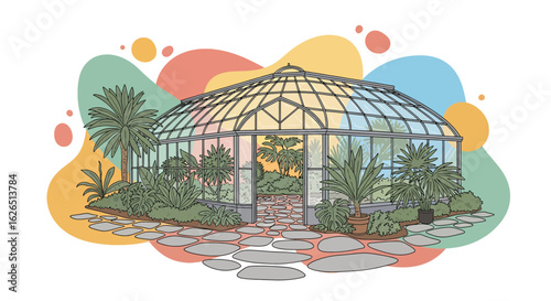 Greenhouse with tropical plants and stone path