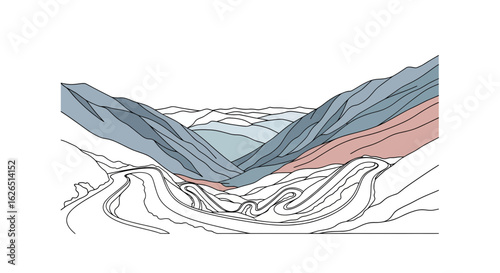 Mountain landscape with winding river valley outline