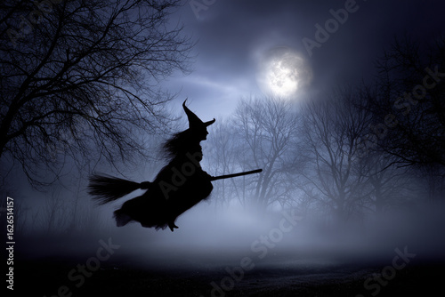 Silhouette of a witch flying on a broomstick under a full moon in a spooky forest night setting, evoking Halloween mystery.