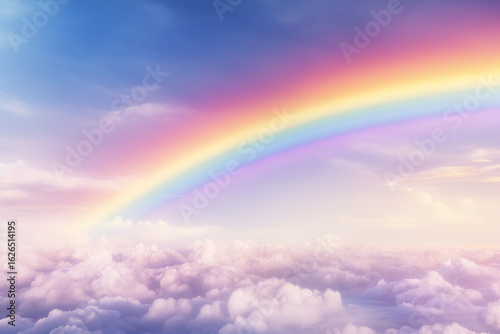 A vibrant rainbow emerging through fluffy pink clouds in a serene sky, symbolizing hope, magic, and dreamlike positivity.