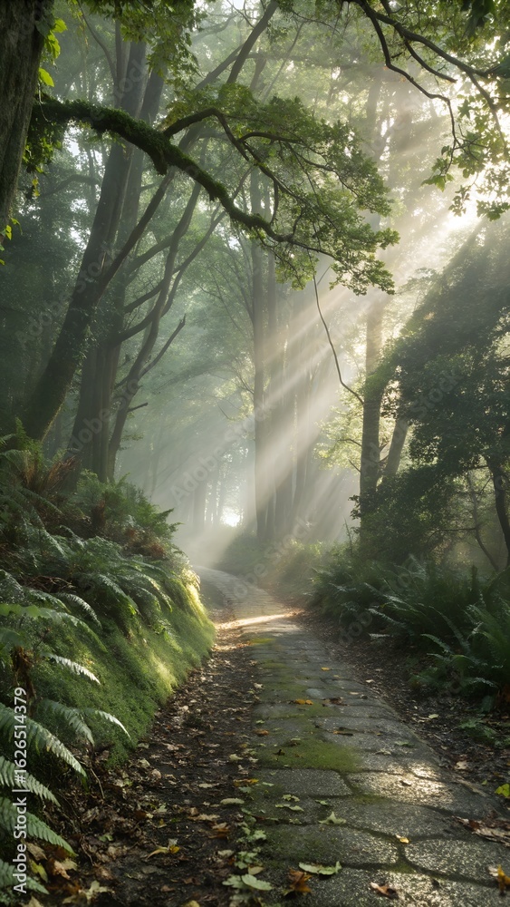 Fototapeta premium Bright sunbeams stream through tall forest trees, casting light upon a serene path winding through gentle morning mist.