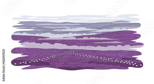 Purple landscape with sheep, rolling hills, cloudy sky
