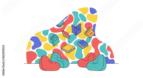 Reading nook with beanbag chairs and scattered books