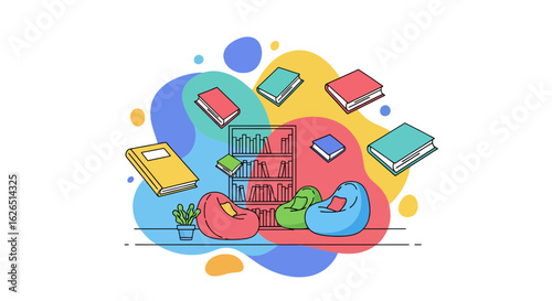 Reading nook with books, beanbags, and colorful background