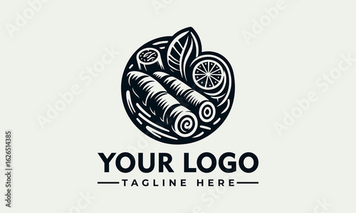 Engraved illustration of spring rolls and lemon slices in a bowl, presented as a logo design element.