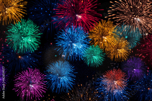 Bright multicolored fireworks exploding in a night sky, symbolizing celebration, festivity, and joyful energy.